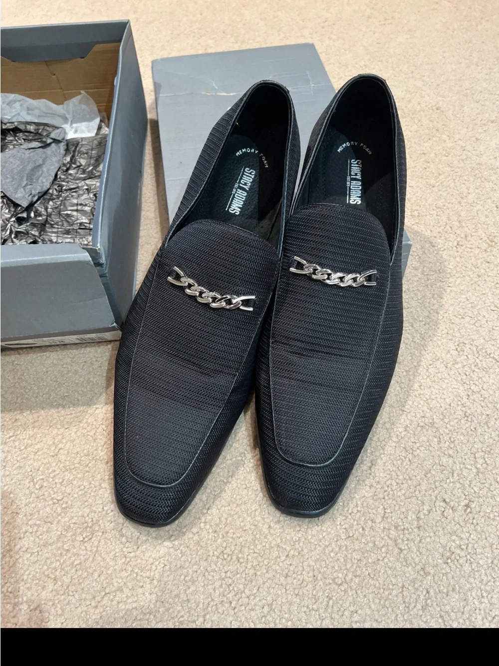 Stacy Adams Black Slip-On Loafers with Silver Chain Accent